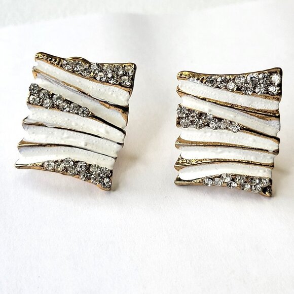 White and Gold Square Stud Earrings - Picture 1 of 11